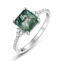 Elegante anello in argento S925 con agata muschiata quadrata e piccoli diamanti laterali - US9# / Argento Spesso Oro Bianco (Taglio Quadrato)