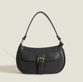 Detail of black lychee texture leather on a crescent bag with a gold buckle - Black / 28*15*8cm