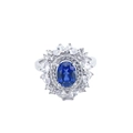 S925 silver ring featuring a blue oval sapphire with sparkling snowflake halo design - Adjustable Open / Lab-Grown Sapphire