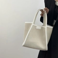 Minimalist beige canvas tote bag with white leather trim and dual handles for women - One Size / Beige/White
