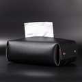 Minimalist black PU leather tissue box holder with lychee texture and gold metal studs - Black