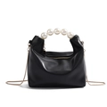 Elegant black matte leather dumpling bag with pearl handle and golden chain strap - Black