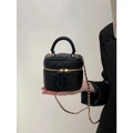 Mini black quilted leather vanity bag with gold chain strap held in hand - Black / Large