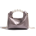 Silver mini dumpling pearl handle bag with gold chain strap on white background - Dark Purple