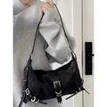 Black nylon y2k shoulder bag with metallic silver buckles and industrial style detail - Black