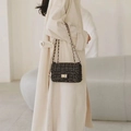 Elegant black houndstooth tweed chain bag with gold hardware and woven metal strap - Black