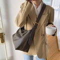 Minimalist large brown tote bag with wide shoulder strap and gold hardware for women - Gray