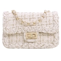 Elegante witte tweed crossbodytas met gouden ketting en klassieke geweven textuur - Wit