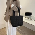 Minimalist black quilted tote bag for women made of padded glossy nylon fabric - Black