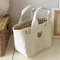 Off-white canvas mommy tote bag with cute bear embroidery and plaid lining - White