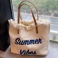 Large woven canvas tote bag with Summer Vibes embroidery and brown leather handles - White