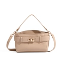 Detail of beige pebble leather handbag featuring a golden oval twist-lock and shoulder strap - Khaki
