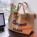 Large straw tote bag with Summer Vibes embroidery and fringe trim for beach vacations - Khaki