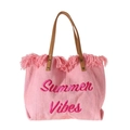 Pink canvas tote bag with Summer Vibes embroidery, leather handles and fringe details - Pink