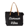 Large capacity black canvas tote bag with Summer Vibes embroidery and brown leather straps - Black