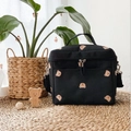 Detailed view of the black canvas bear lunch bag with handles and adjustable shoulder strap - Black Multi Bear