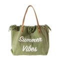 Green canvas tote bag with Summer Vibes embroidery, tassels and brown leather handles - Green