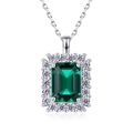 Emerald cut green gemstone pendant with halo diamonds on S925 silver chain - Rectangular Emerald Style (PD023413) / Pendant Only (No Chain) / Thick Silver White Gold