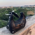 Vintage black PU leather crescent underarm bag with silver star rivets and star buckle - Black
