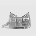 Sac à épaule argenté de style moto avec plusieurs poches et détails de chaînes - Argenté