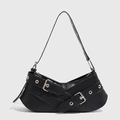 Trendy black motorcycle shoulder bag with asymmetric curve design and silver metal buckles - Black