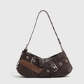 Retro brown contrast color shoulder bag with vintage silver buckles and metal eyelets - Coffee