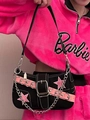 Black Y2K underarm bag with pink stars and silver chain detail for cool girls - Black