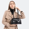 Glossy black oil wax leather bowling bag with front pockets for professional commute - Black