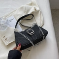 Chic black denim shoulder bag with silver chain and white contrast stitching detail - Black