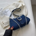 Navy denim crossbody bag with contrast stitching and silver buckle detail - Dark Blue