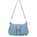 Light blue denim shoulder bag with vintage silver buckle and stylish metal chain strap - Light Blue