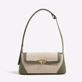 Retro baguette schoudertas van beige canvas met donkergroene leren bies en gouden sluiting - Groen