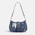 Star denim underarm bag with moon shape, silver chain, and trendy street style design - Blue