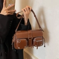 Brown vintage faux leather baguette bag with multiple pockets and silver hardware - Coffee