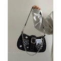 Black denim Y2K star hobo bag with silver punk chains and metal buckle detail - Black