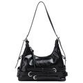 Glossy black crescent underarm bag with pleated leather and metallic buckles - Black