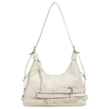 Retro cream white soft leather hobo bag with triple buckle straps and silver hardware - White