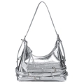 Silver metallic Y2K shoulder bag with pleated texture and decorative buckle straps - Silver