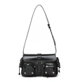 Glossy black underarm bag with multi-pocket cargo design and silver hardware - Black