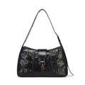 Vintage rock-stijl zwarte lederen tas met punk metalen gespen en brede schouderband - Zwart