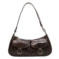 Detail of dark brown vintage crescent bag showing oily wax texture and front flap pockets - Coffee