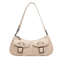 Detail of cream faux leather baguette bag with dual front pockets and metal buckle hardware - Off White