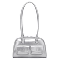 Metallic silver oil wax leather bowling bag with front pockets and Y2K aesthetic - Silver