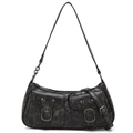 Borsa hobo vintage in pelle lavata con doppie tasche e dettagli con fibbia in metallo - Nero