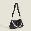 Elegant black pleated cloud handbag with large white pearls and wide shoulder strap - Black