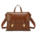 Vintage bruine leren aktetas met witte contraststiksels en een verstelbare canvas riem - Bruin