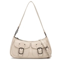 Borsa a spalla beige stile biker in ecopelle con tasche con fibbia e borchie - Bianco Sporco