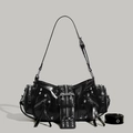 Chique zwarte punk schoudertas met zilveren klinknagels en biker franje details - Zwart