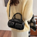 Bolso Boston vintage de cuero encerado negro con bolsillos dobles y gran capacidad - Negro