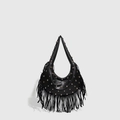 Retro black leather hobo shoulder bag with long fringes and metallic stud details - Black
